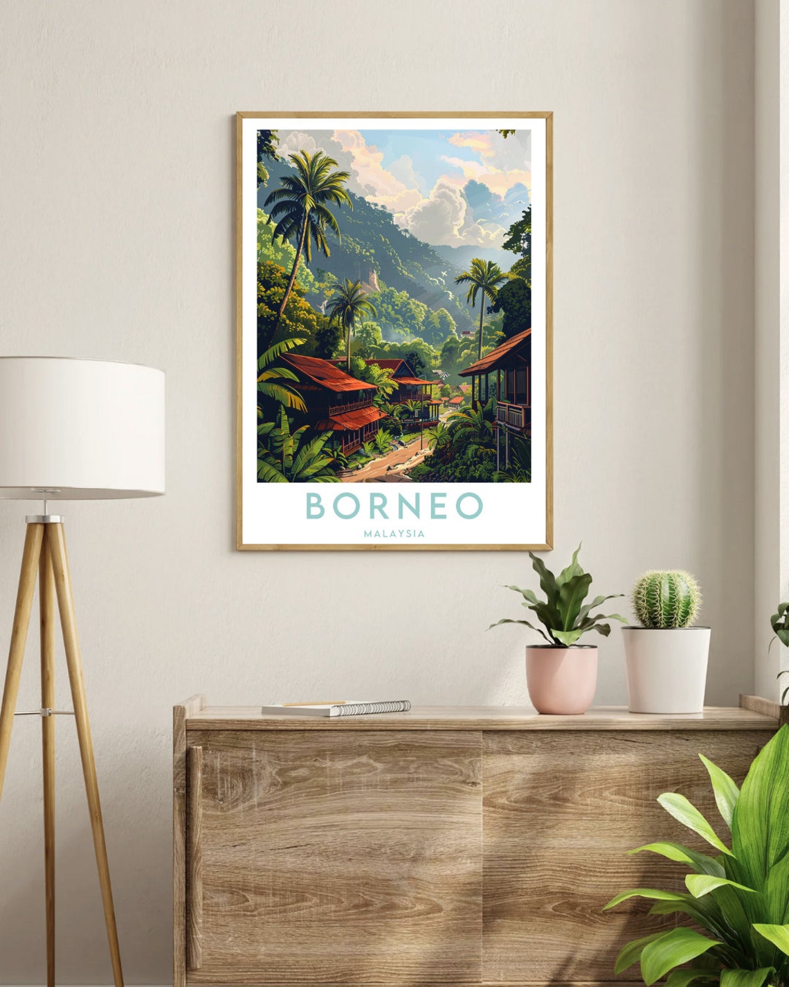 Borneo Malaysia Jungle Village Palms and Mountains Art Poster - Image 3