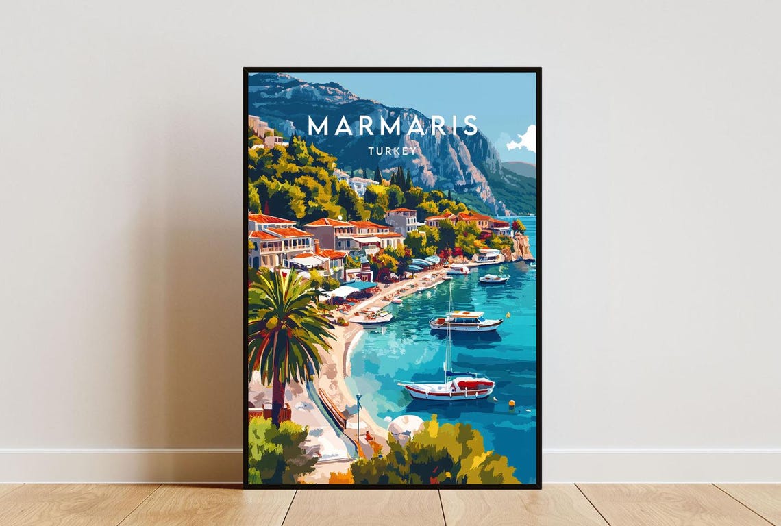 Marmaris Turkey Turquoise Bay Beach Boats Coastal Travel Poster