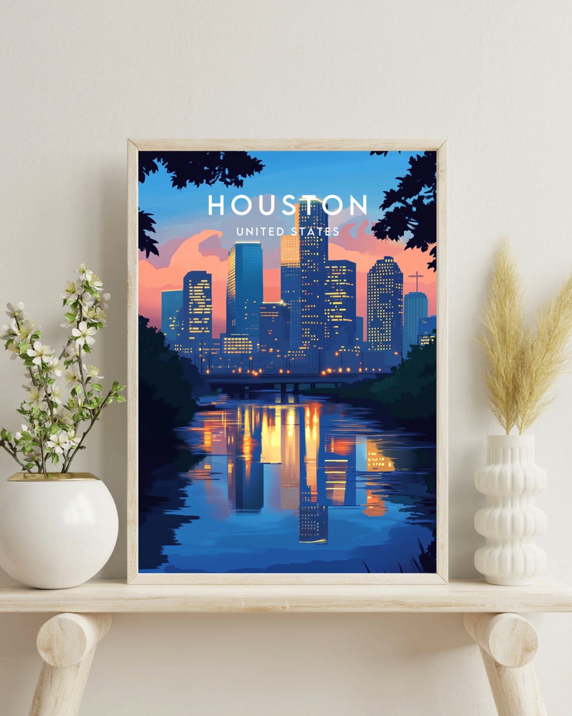 Houston Texas Night City Skyline River Reflection Art Poster - Image 4