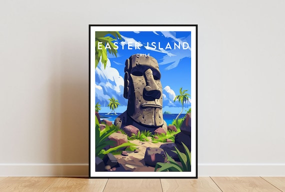 Easter Island Chile Moai Statues Vintage Style Pacific Ocean Art Poster