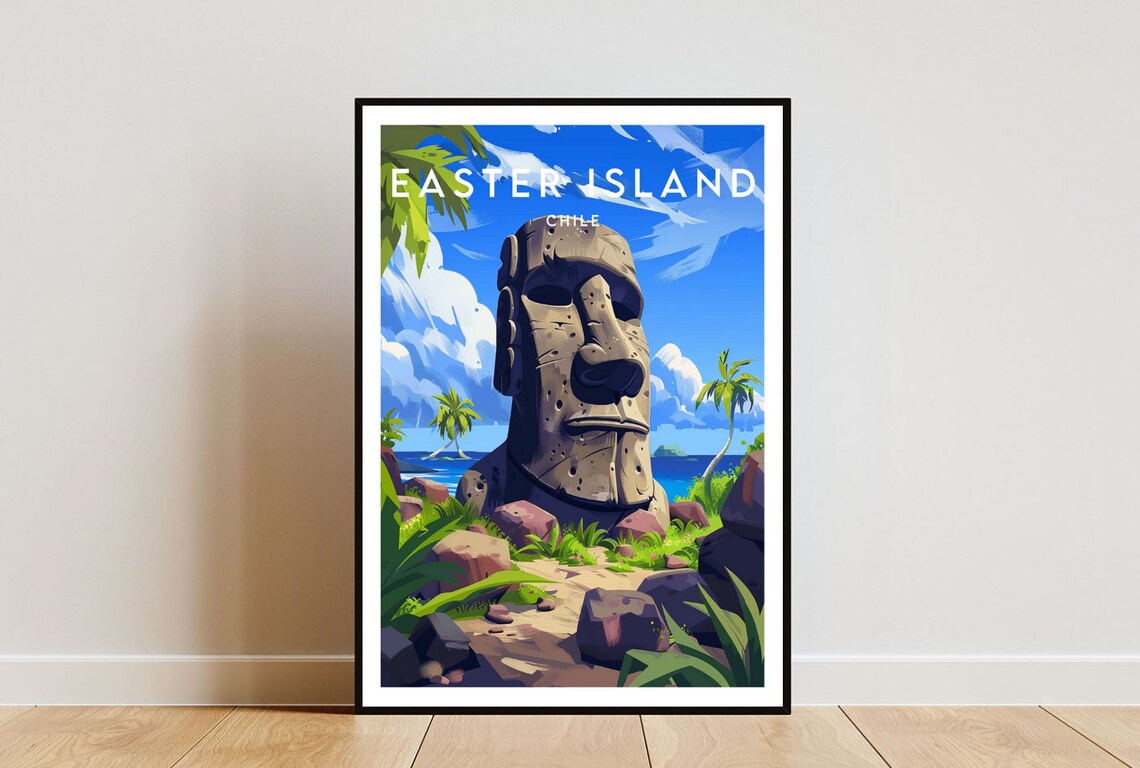 Easter Island Chile Moai Statues Vintage Style Pacific Ocean Art Poster