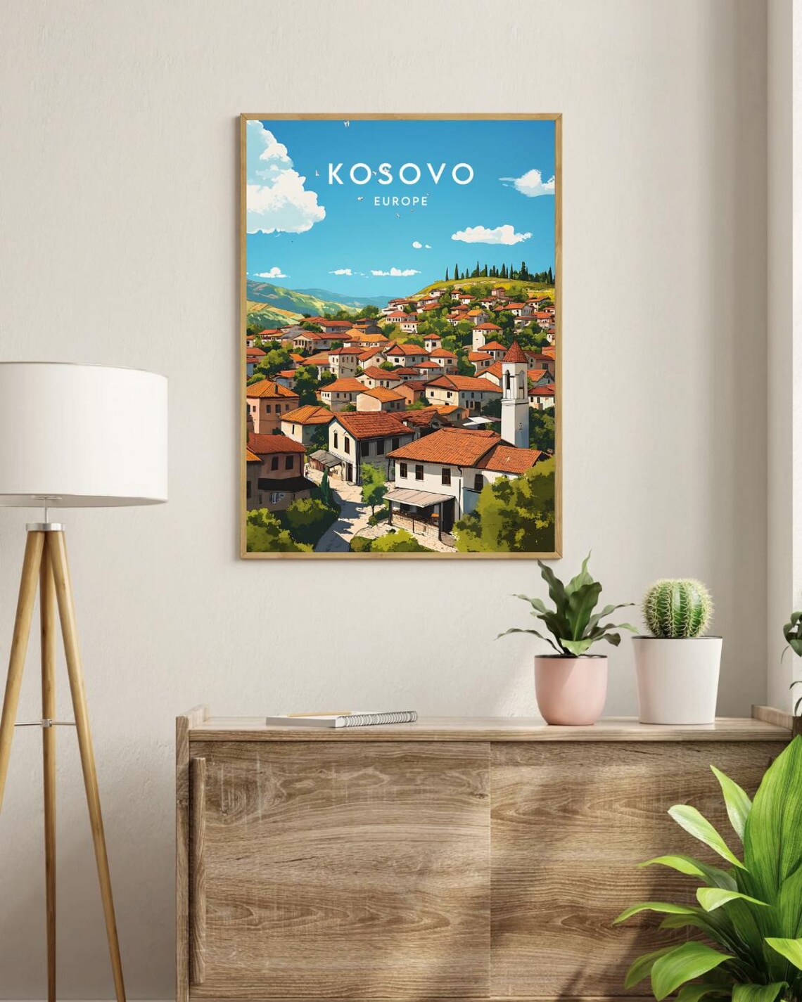 Kosovo Europe Hillside Town Red Roofs Church Tower Travel Poster - Image 3