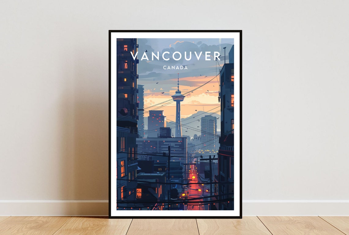 Vancouver Canada Harbour Centre Tower Dusk Skyline Travel Poster
