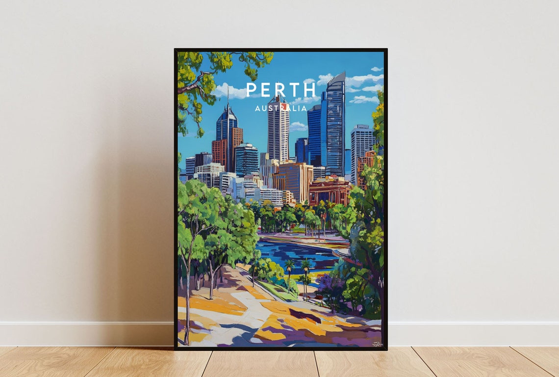 Perth Australia City Skyline Park and River Scenic Travel Poster