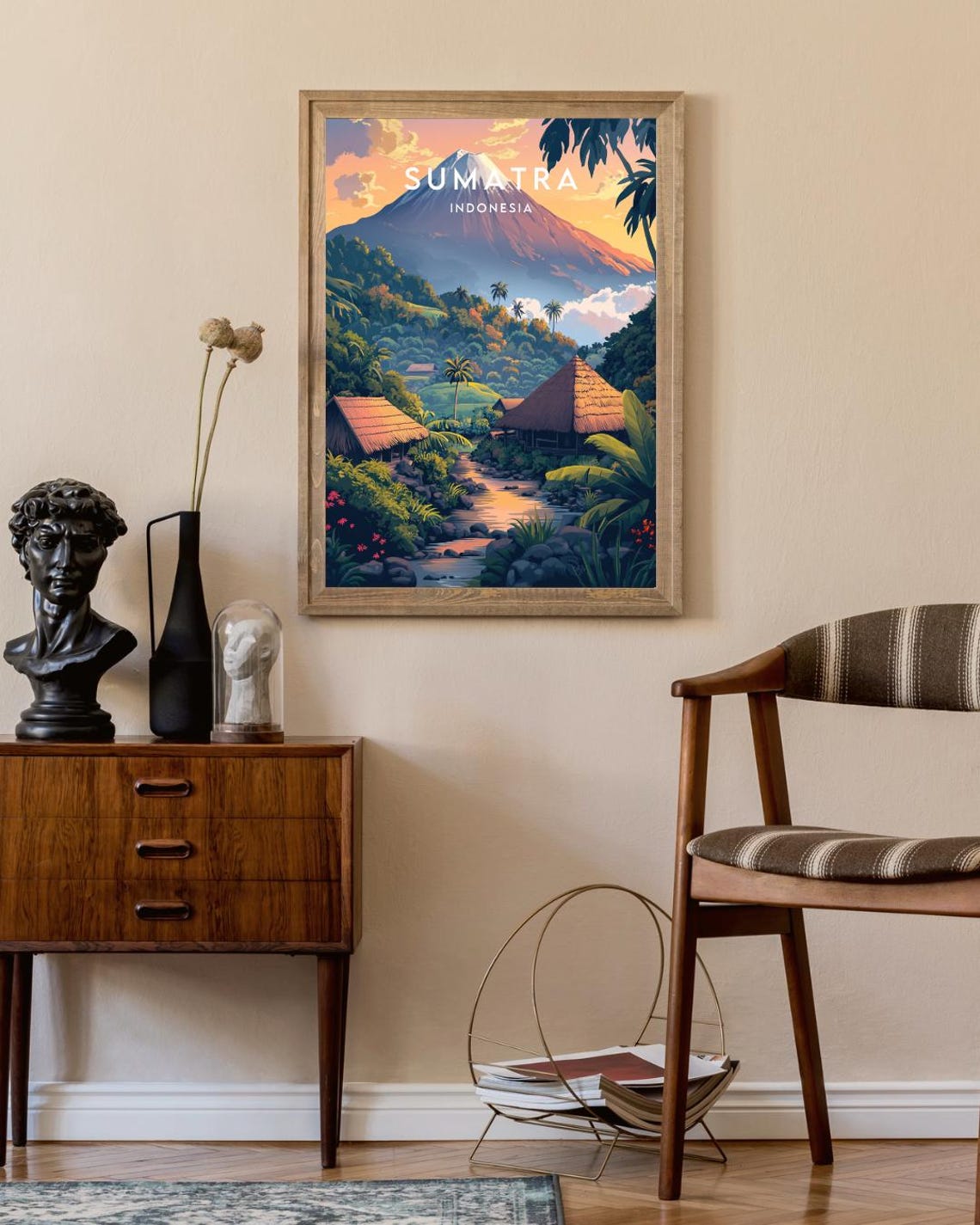 Sumatra Indonesia Volcano Sunset Jungle Village Travel Poster - Image 2