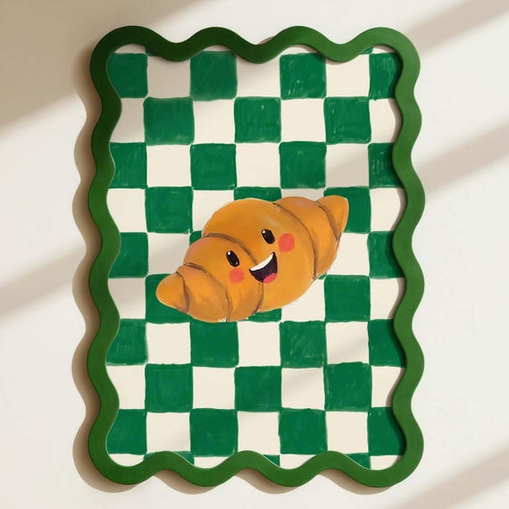 Cute Croissant Print Retro Checkerboard Art Kitchen Decor Funky Wall Maximalist Poster Dopamine Green