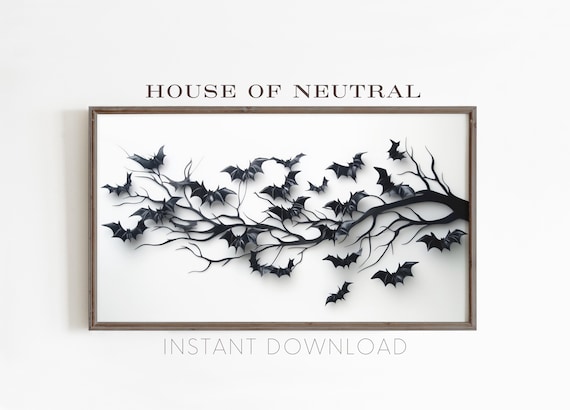 Paper Bats Swarming Bare Black Branch White Minimal Halloween Art Poster