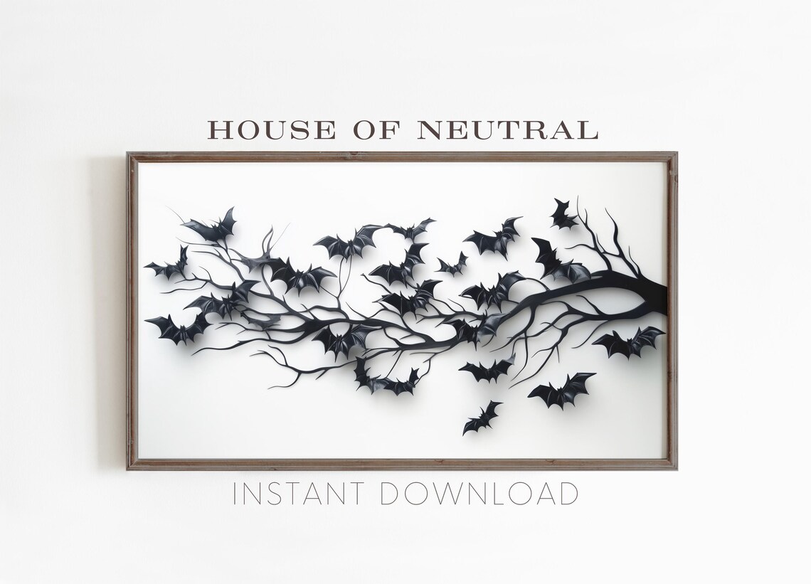 Paper Bats Swarming Bare Black Branch White Minimal Halloween Art Poster