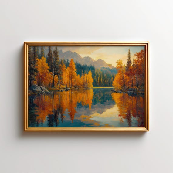 Autumn Lake Tahoe Painting Fall Foliage National Forest Wall Art Landscape Nature Print For Living Room And Home Dcor