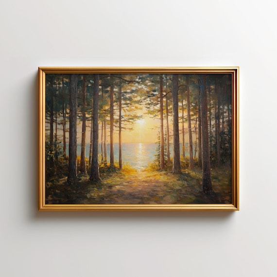 Pine Forest Path Sunset Sea Golden Light Landscape Painting Poster