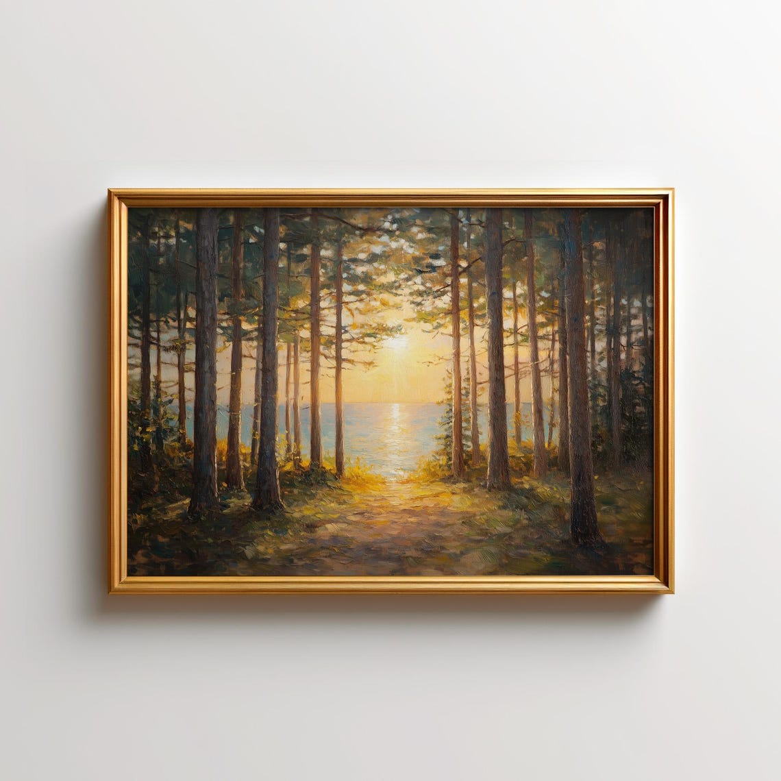 Pine Forest Path Sunset Sea Golden Light Landscape Painting Poster