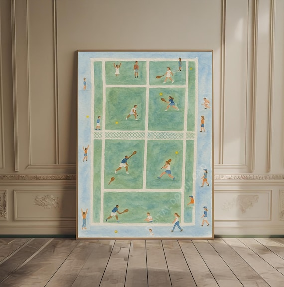 Aerial Green Tennis Court Watercolor Poster with Tiny Players in Motion