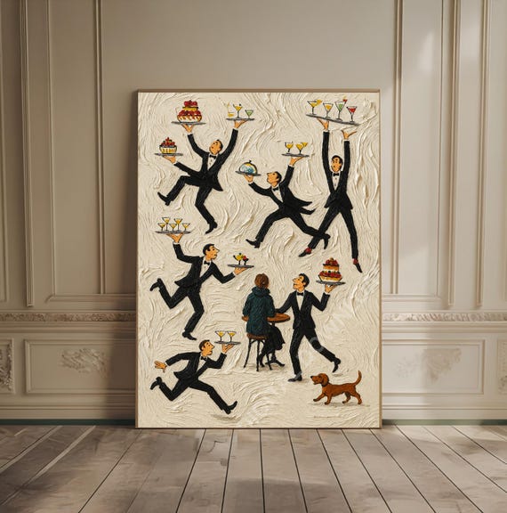 Tiny People Serving In A Restaurant, Vintage Poster