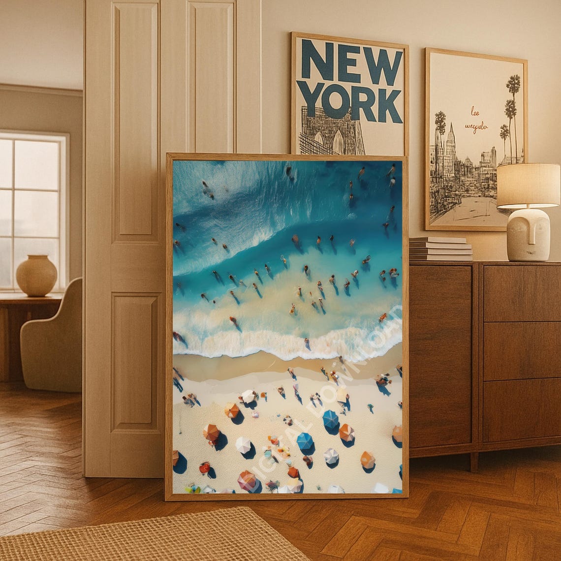 Aerial Beach Waves With Swimmers And Umbrellas Summer Poster