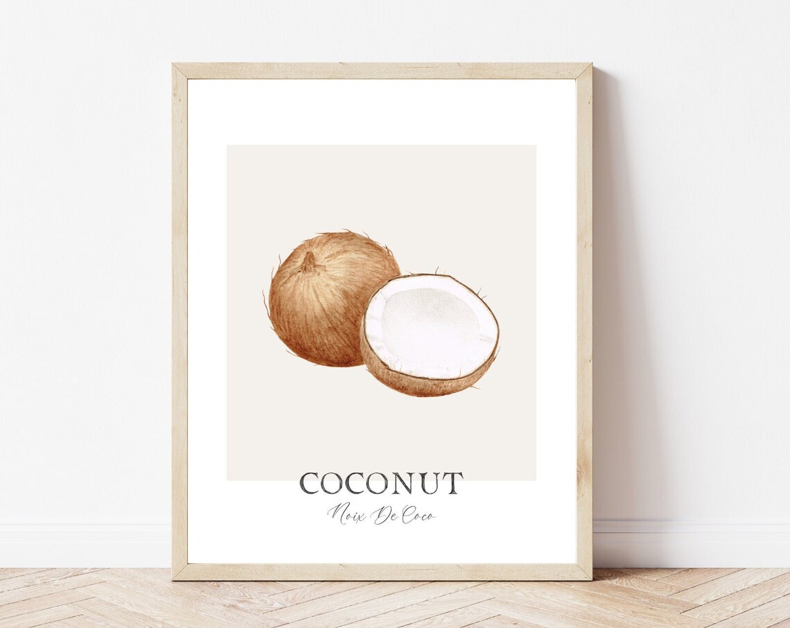 Watercolor Coconut Art Print, Tropical Kitchen Decor