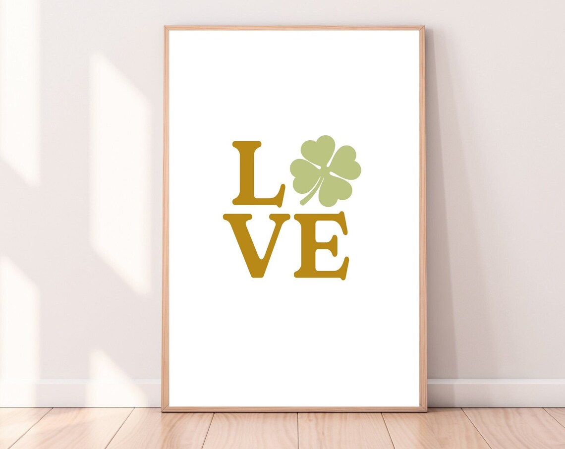 LOVE Shamrock St Patricks Day Gold Serif Typography Wall Art - Image 5