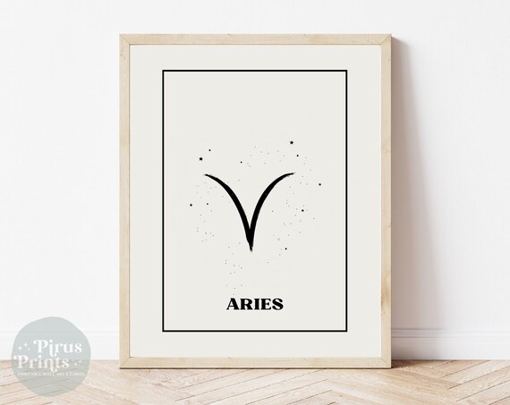 Aries Ram Horns Zodiac Sign Minimal Black White Starry Wall Art