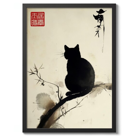 Black Cat Silhouette Japanese Sumi-E Ink Painting with Seal Poster