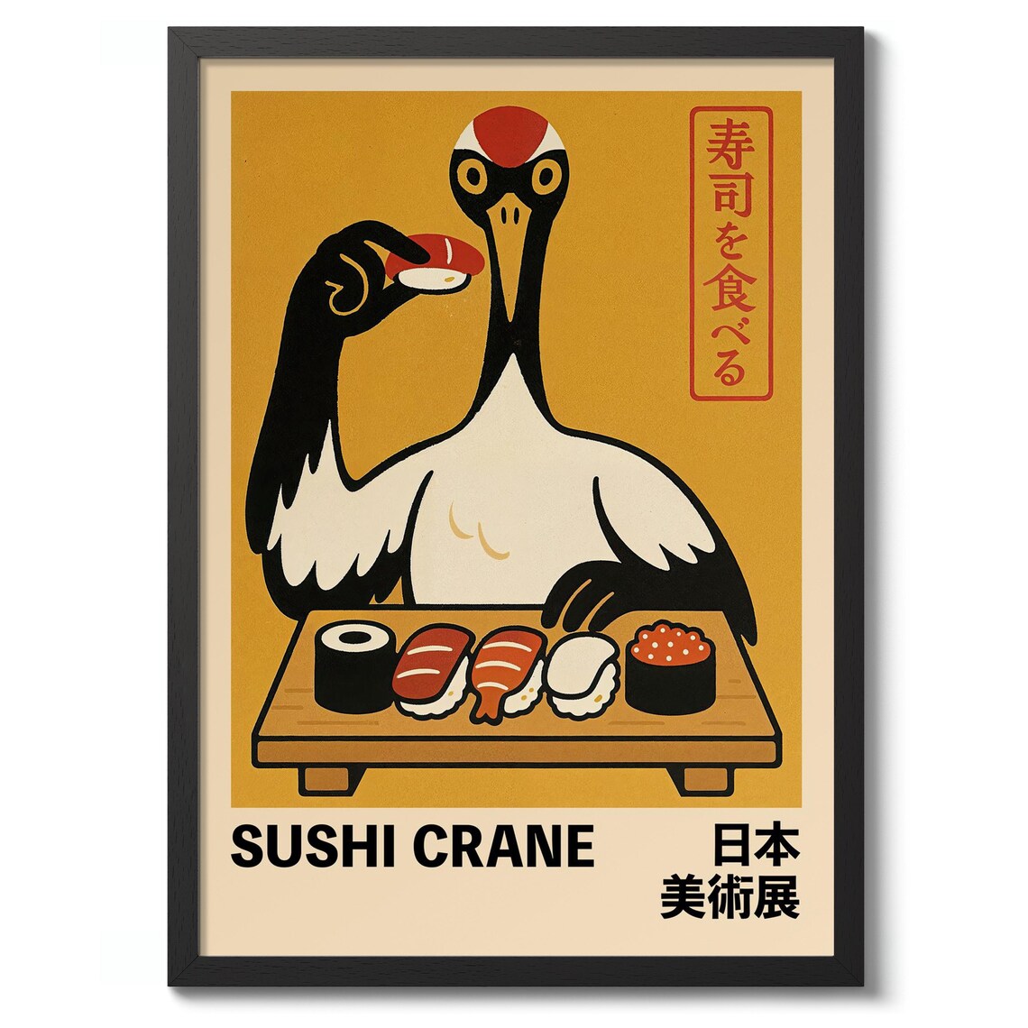 Sushi Crane Japanese Retro Food Poster Red Crowned Crane Eating Sushi