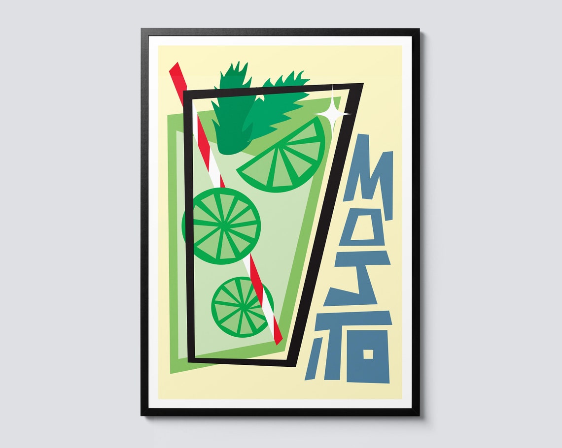 Mojito Cocktail Lime Mint Retro Illustrated Kitchen Bar Art Print