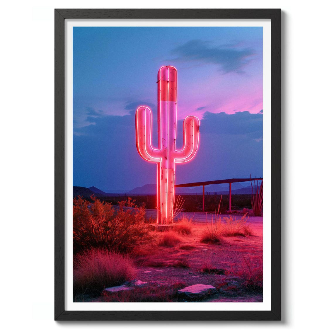 Glowing Pink Neon Cactus Sign In The Desert At Dusk Photo Poster