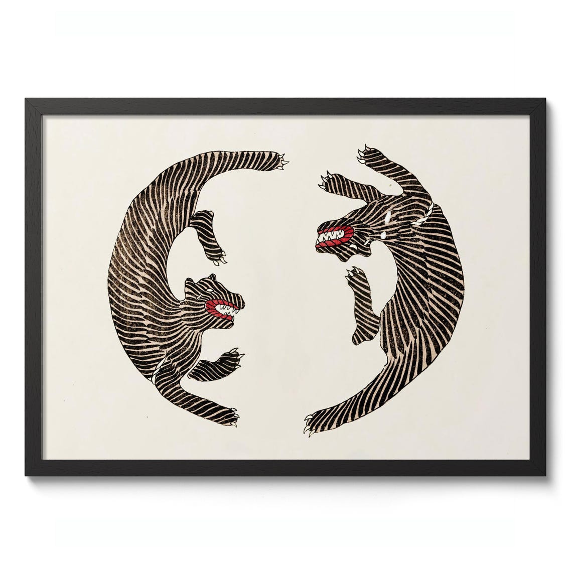 Pair of Striped Tigers Yin Yang Japanese Woodblock Style Poster