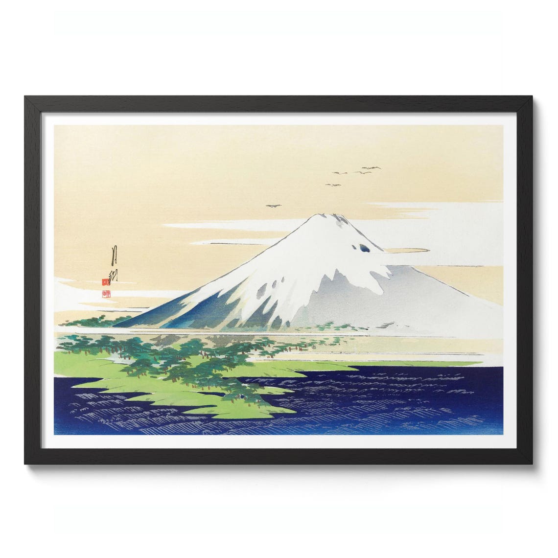 Mount Fuji Snow Capped Japanese Woodblock Style Landscape Poster
