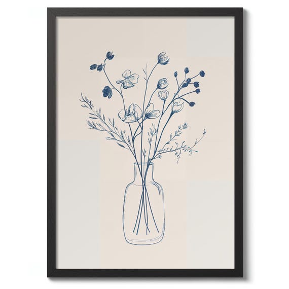 Flowers In A Jar Print Beige Illustration Poster Kitchen Wall Art Decor Gift