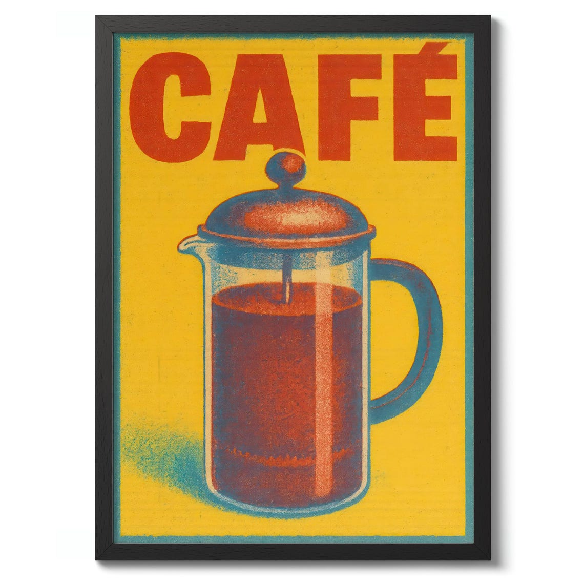 Vintage Cafe French Press Coffee Maker Retro Yellow Kitchen Poster