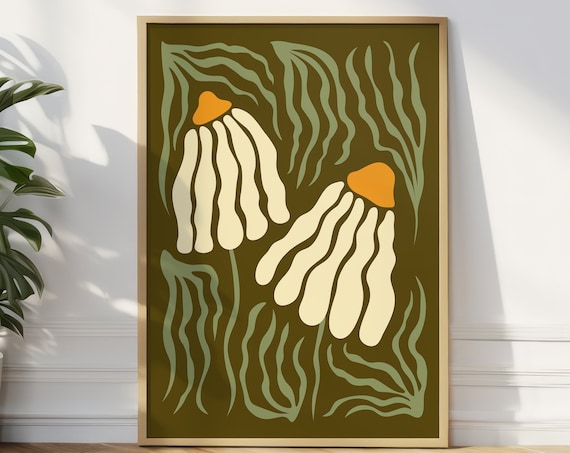 Boho Daisies Flower Poster Olive Green Mid Century Modern Botanical Art