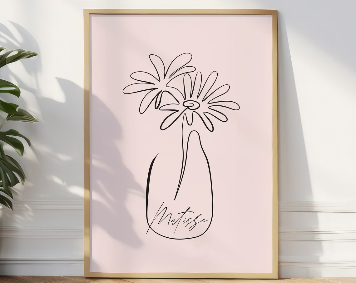 One Line Flowers Vase Minimalist Pink Matisse Script Art Poster