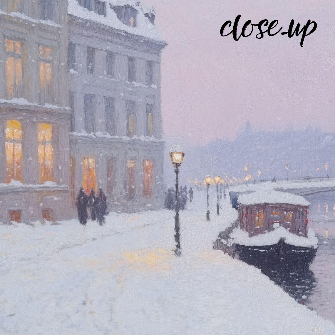 Snowy Canal with Houseboat Glowing Buildings and Bridge Winter Painting Poster - Image 4