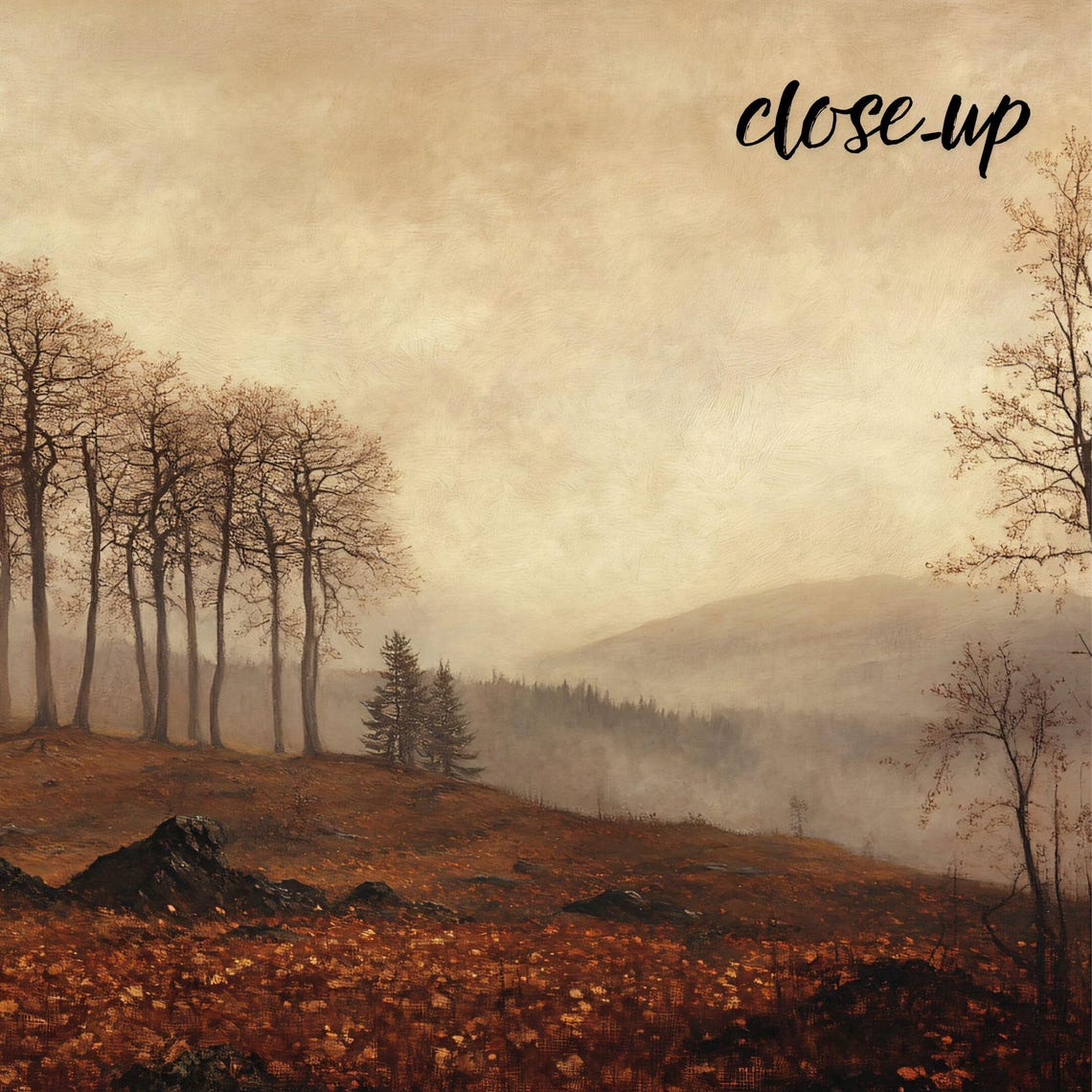 Misty Autumn Hilltop Bare Trees Fallen Leaves Vintage Moody Art Poster - Image 3