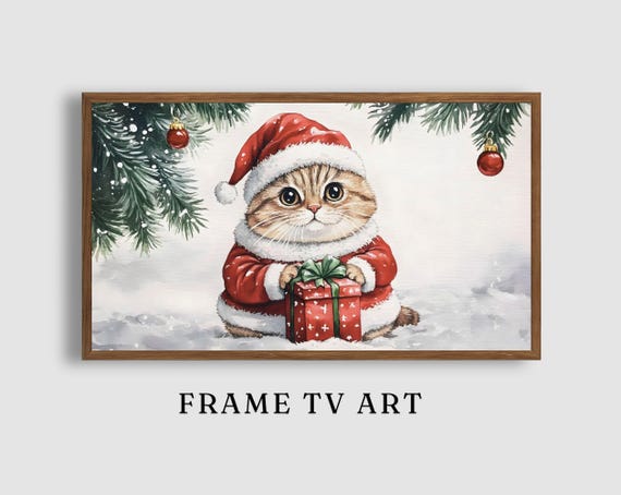 Christmas Cat Art For Frame Tv Cute Holiday Decor With Santa Kitten Illustration
