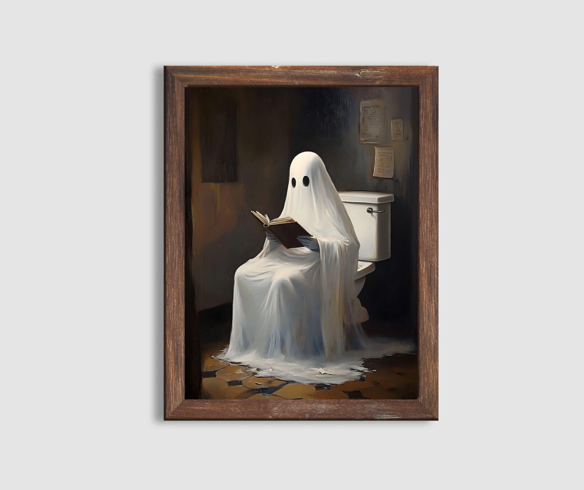 Funny Ghost Reading Book on Toilet Humorous Halloween Art Poster - Image 2