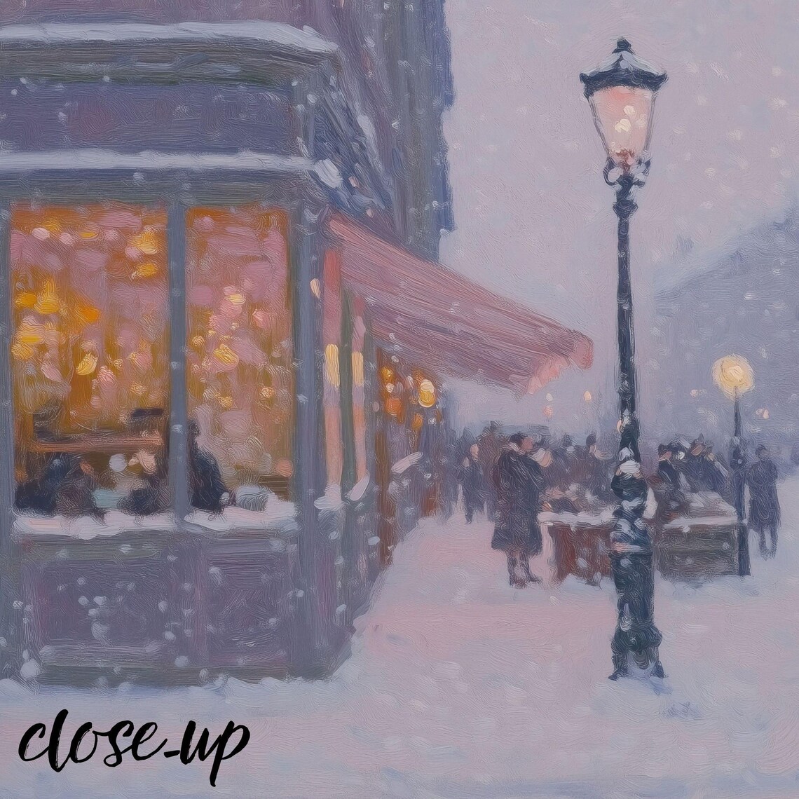 Snowy Evening Street with Glowing Cafe Windows and Strolling Figures Poster - Image 3