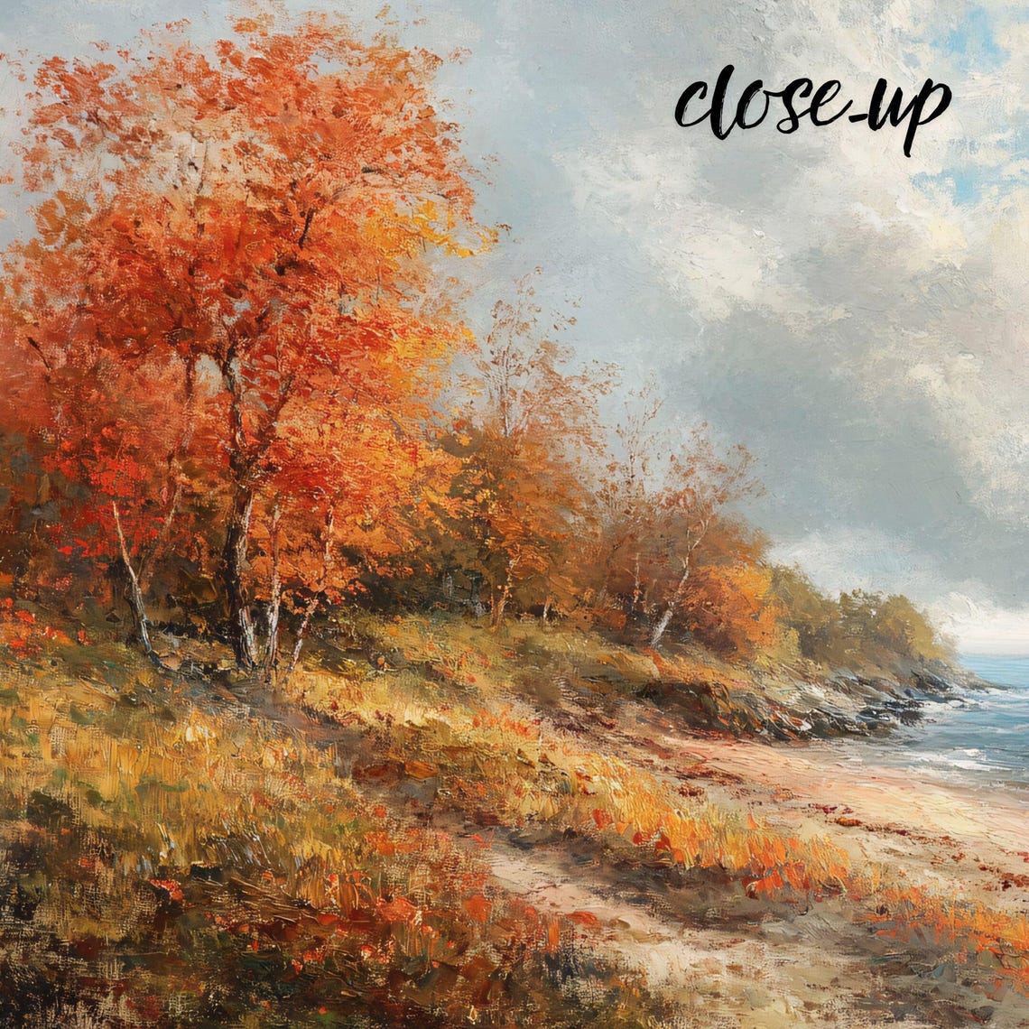 Autumn Shoreline with Red Trees Ocean Waves Coastal Landscape Poster - Image 4