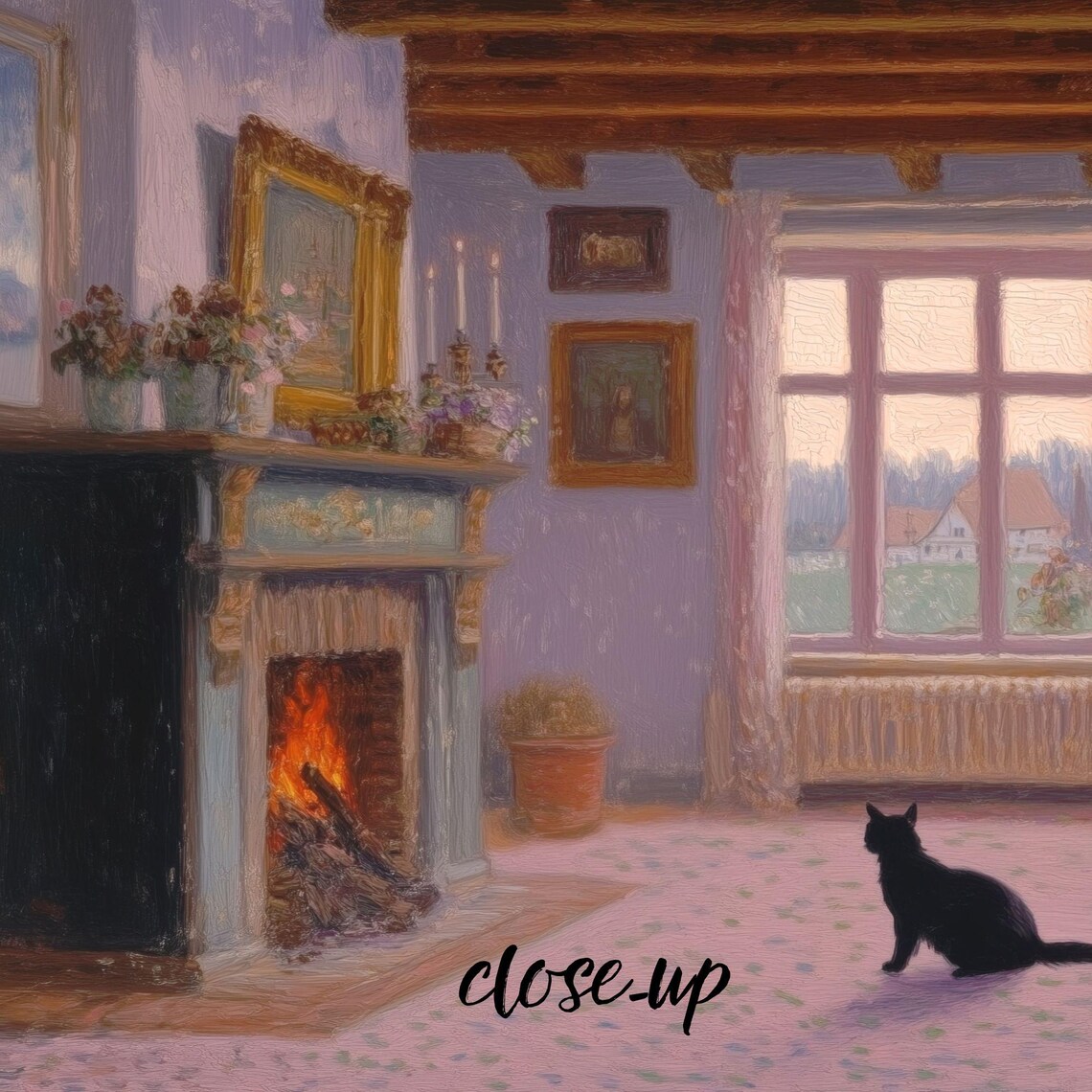Black Cat in an Elegant Room with Fireplace and Snowy Winter Windows Poster - Image 4