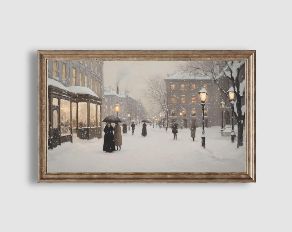Snowy City Street Shopfront Windows Evening Winter Scene Poster - Image 2
