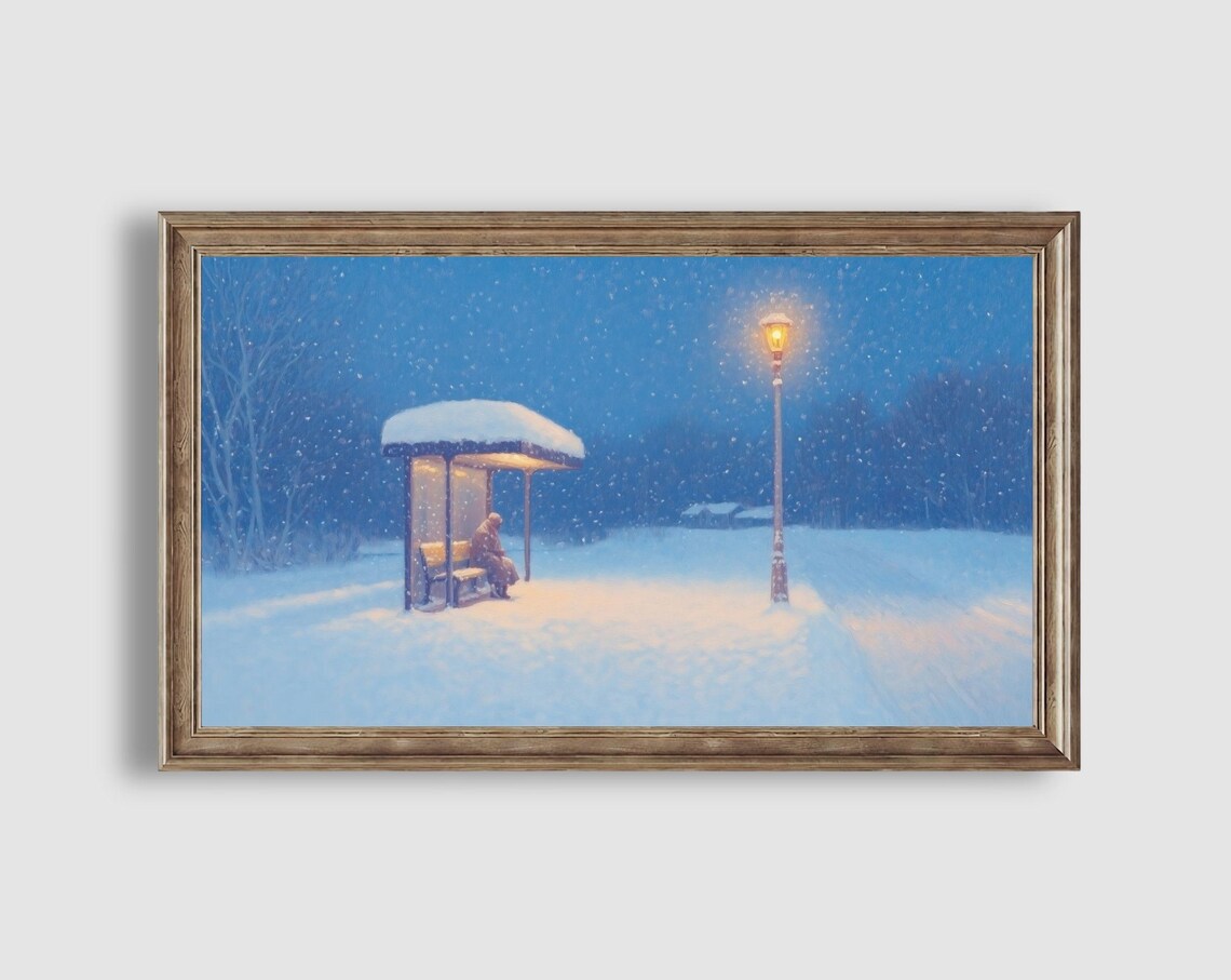 Warmly Lit Bus Shelter in Falling Snow at Night with a Lonely Traveler Poster - Image 2