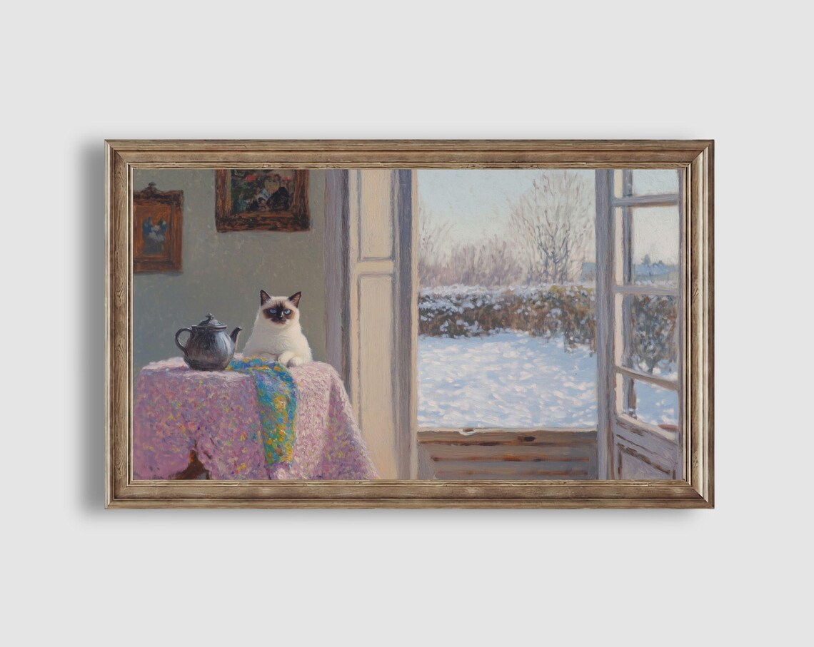 Siamese Cat with Teapot by Open French Doors Overlooking a Snowy Garden Poster - Image 2