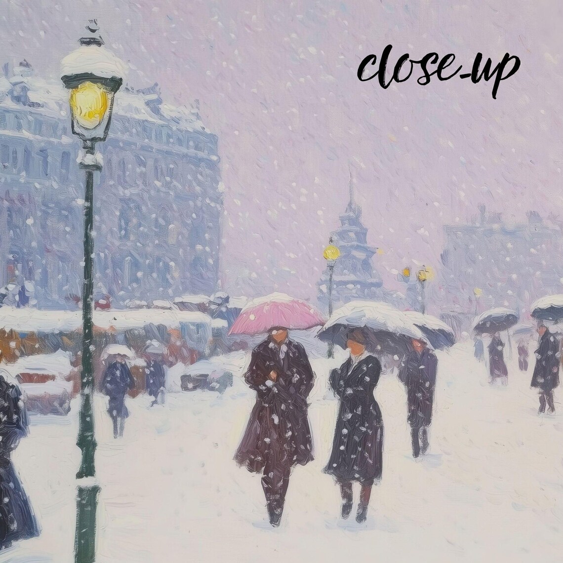 Snowy Paris Boulevard with Umbrellas Cafe and Church Spire Winter Painting Poster - Image 4