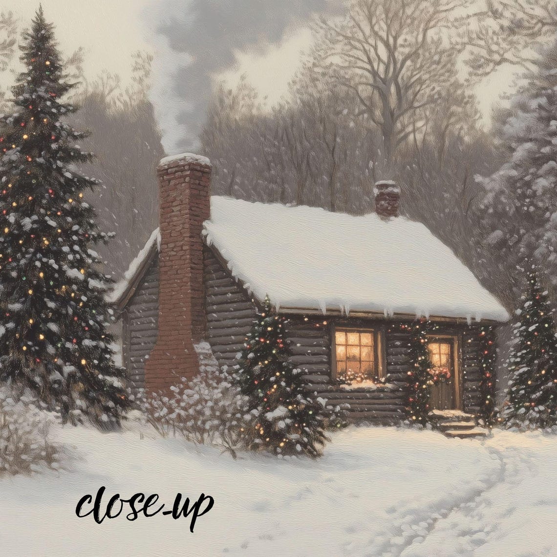 Cozy Log Cabin Christmas Trees Smoking Chimney Winter Night Poster - Image 4