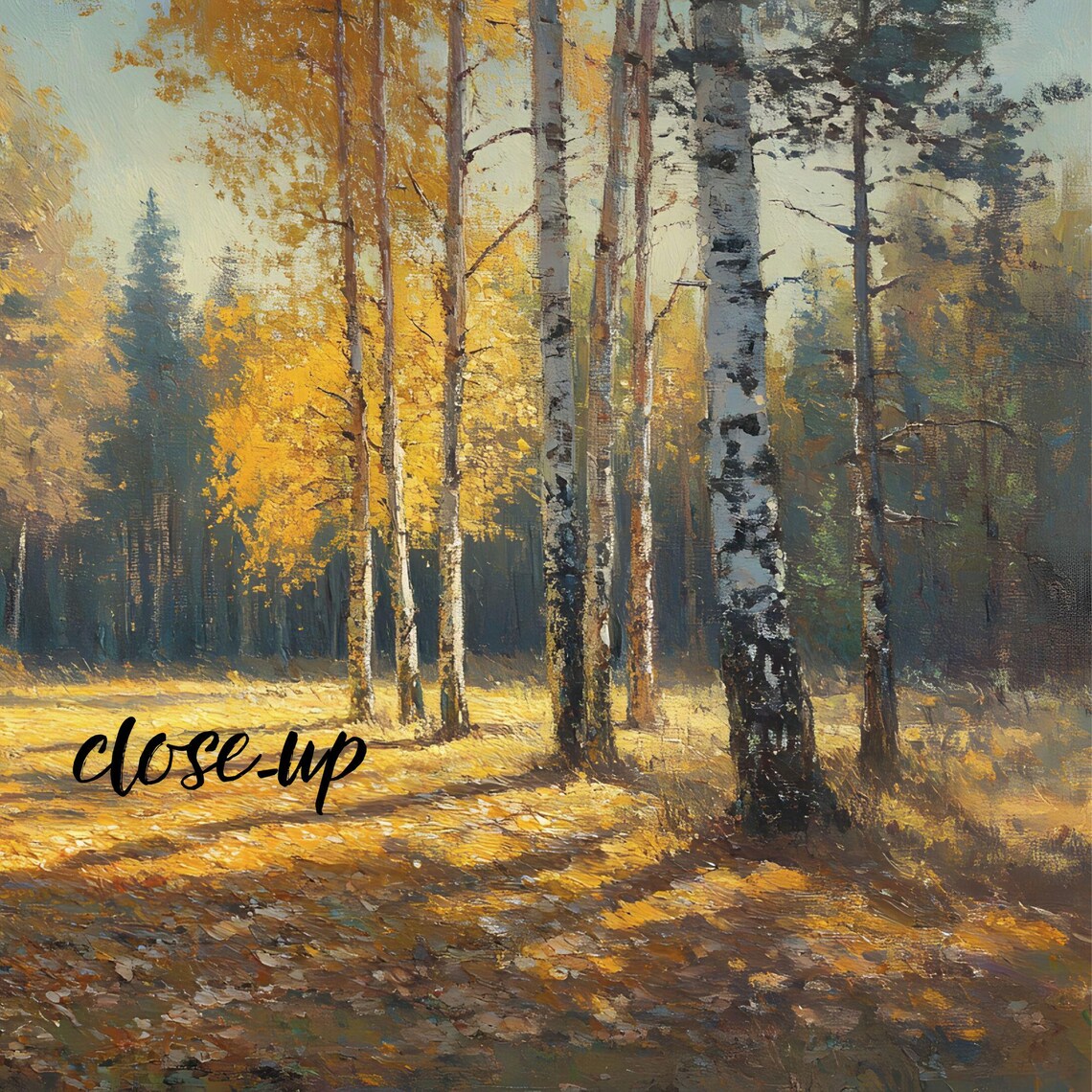 Golden Birch Grove Autumn Sunbeams Tall Trees Forest Landscape Art Poster - Image 4