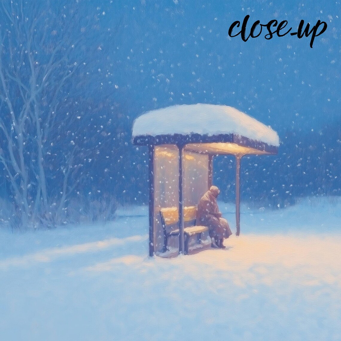 Warmly Lit Bus Shelter in Falling Snow at Night with a Lonely Traveler Poster - Image 4
