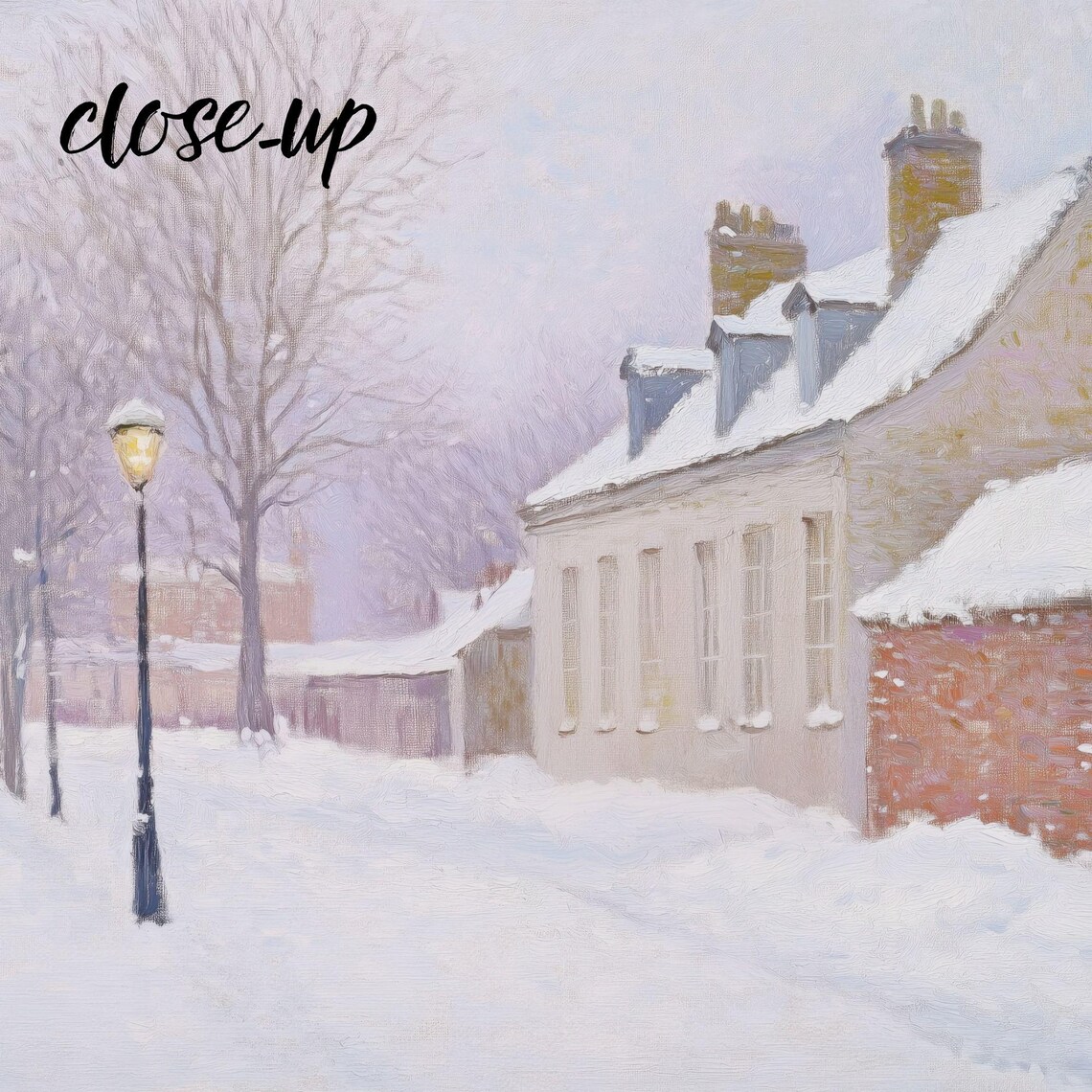Quiet Snowy Village Street with Lamppost and Cottages in Soft Winter Light Poster - Image 4