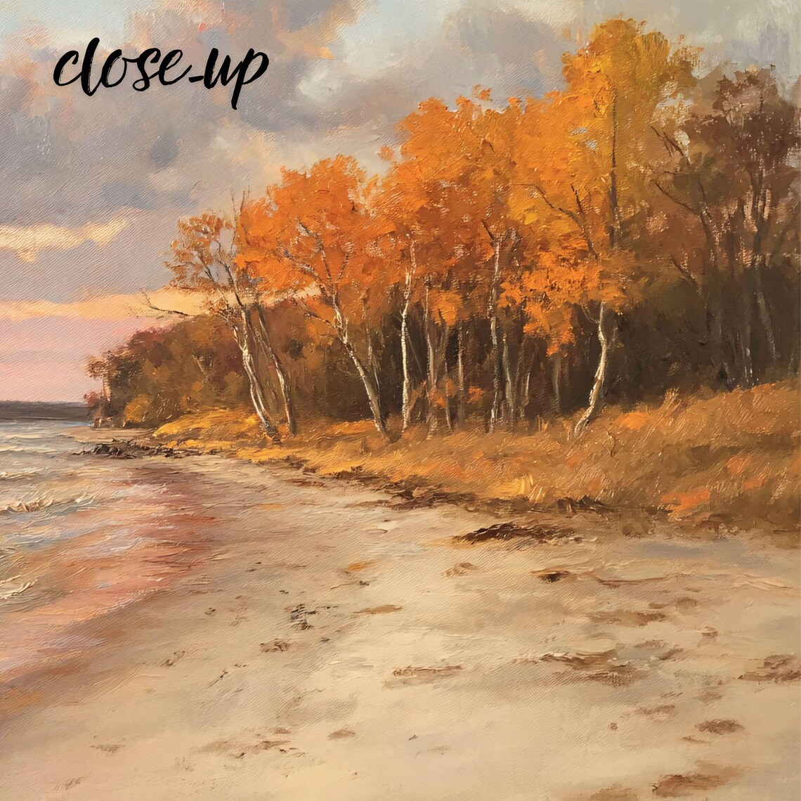 Autumn Beach Sunset with Golden Trees Coastal Landscape Painting Poster - Image 4