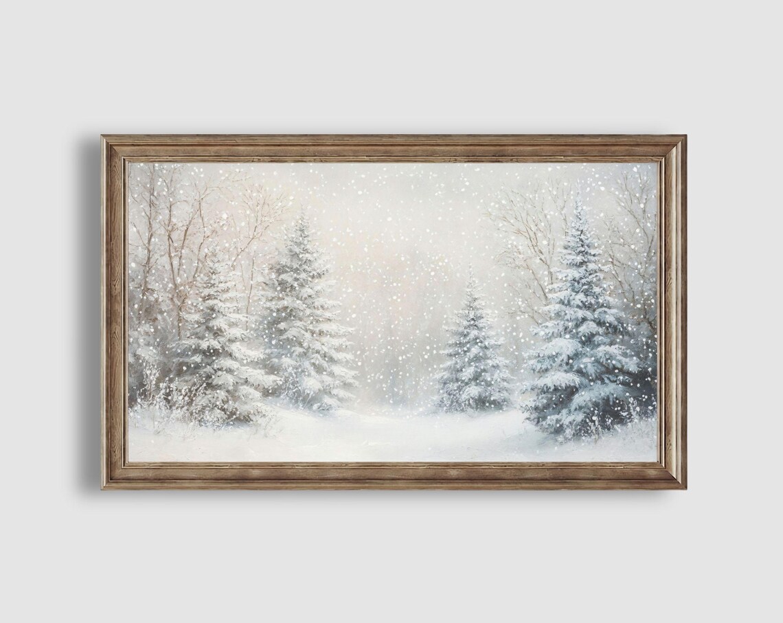 Snowy Pine Forest Falling Snow Serene White Winter Landscape Art Poster - Image 2