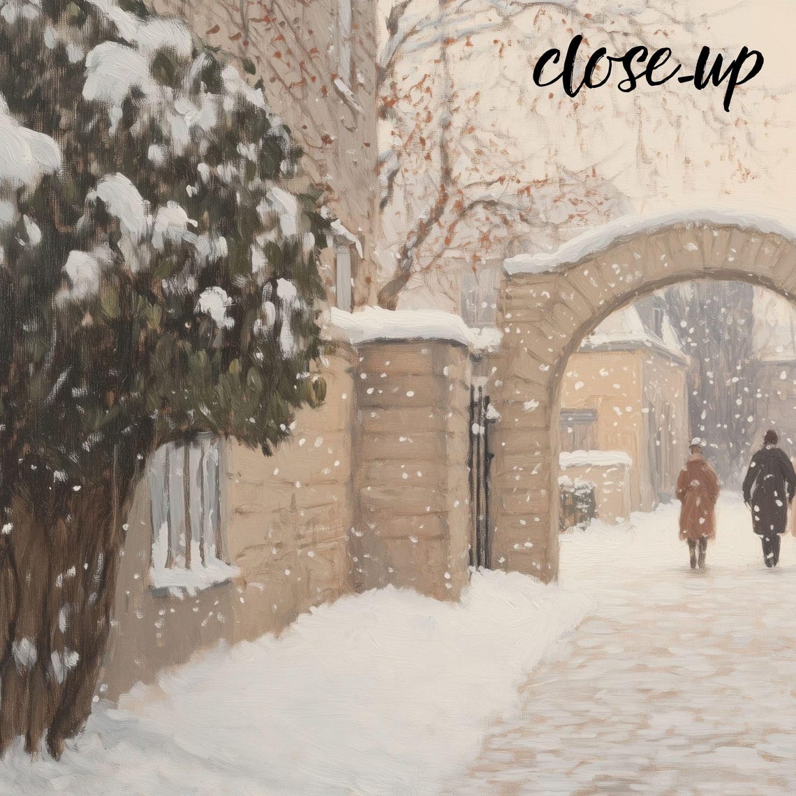 Snowy Garden Archway Gate Figures Winter Walkway Scene Poster - Image 3