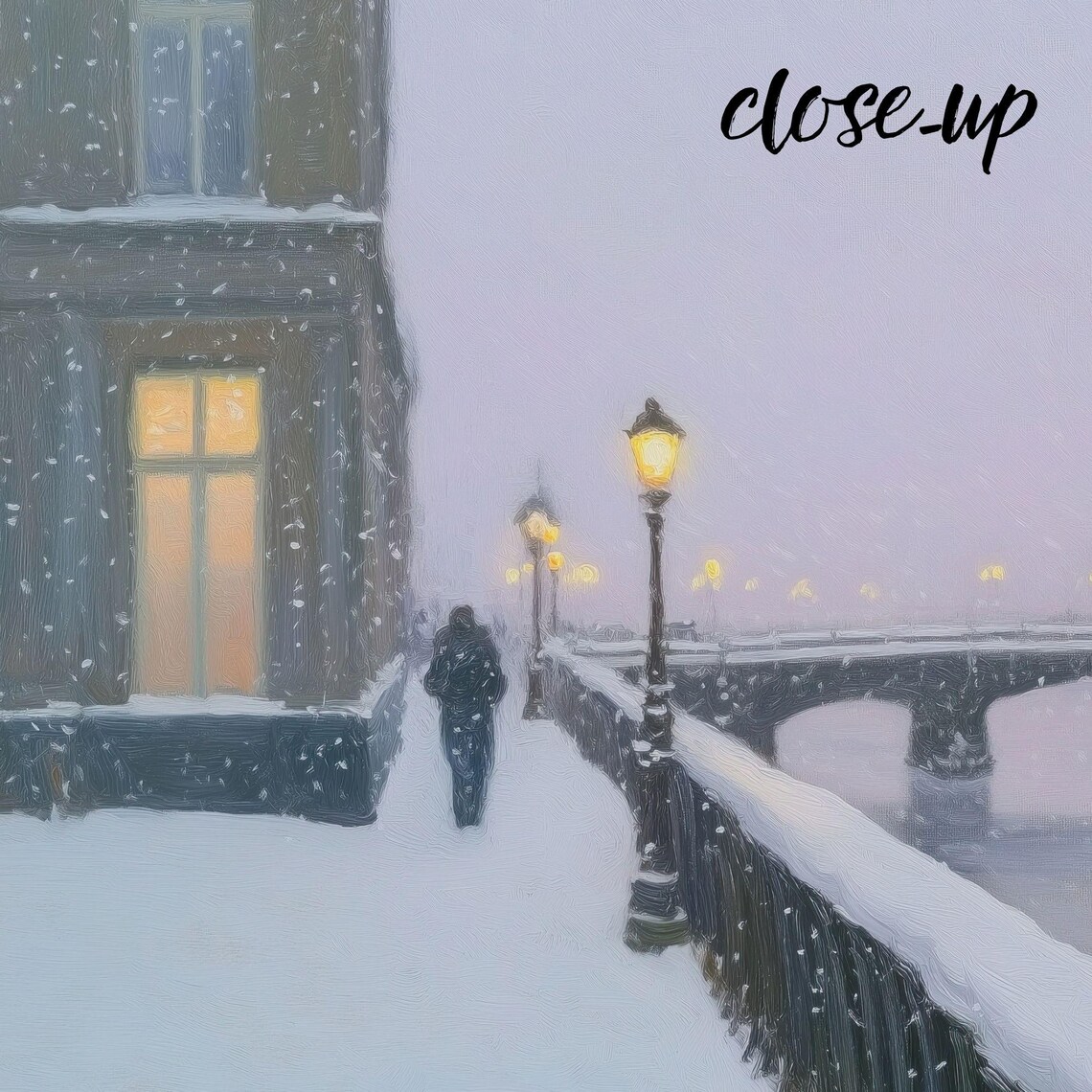 Snowy River Promenade with Lampposts Stone Bridge and Warm Windows Poster - Image 4